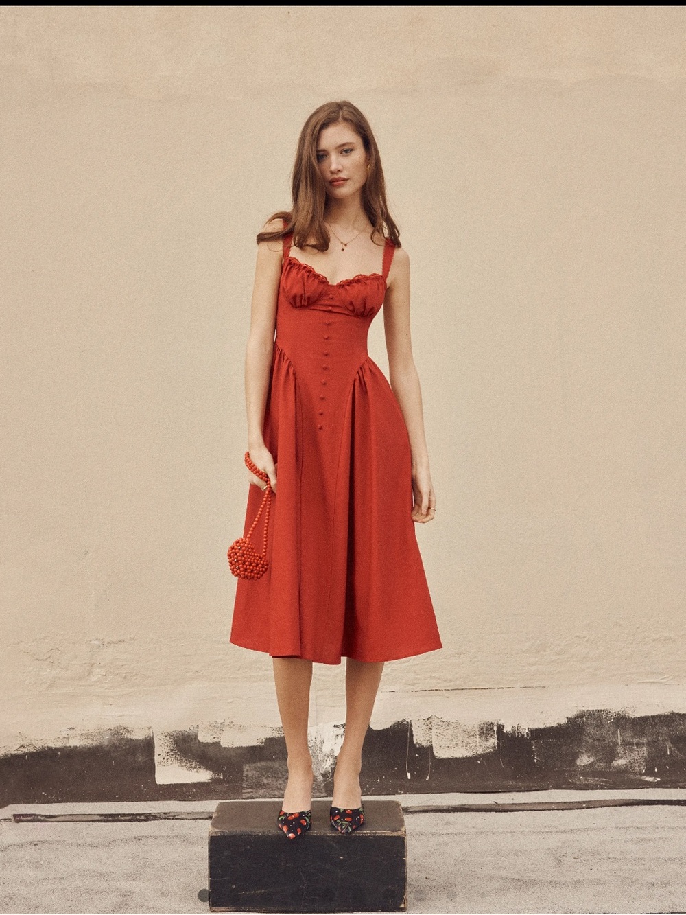 Cider Red Ruffle-Trim Midi Dress with Button Front